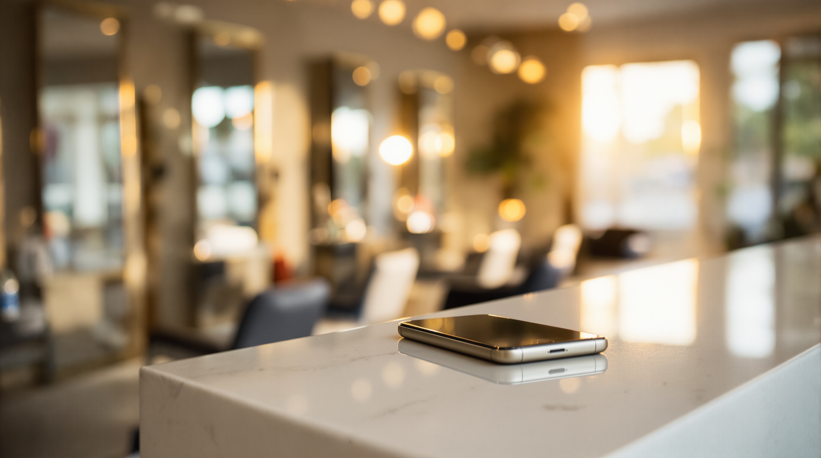 Warm salon reception with a phone on the counter